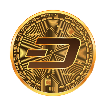 Crypto currency golden coin with golden dash symbol on obverse isolated on white background. Vector illustration. Use for logos, print products, page and web decor or other design.のイラスト素材
