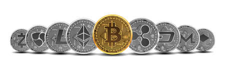 Set of gold and silver crypto currencies with golden bitcoin in front of other crypto currencies as leader isolated on white background. Vector illustration. Use for logos, print products