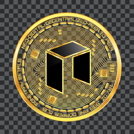 Crypto currency golden coin with black lackered neo symbol on obverse isolated on transparent background. Vector illustration. Use for logos, print products, web decor or other design.のイラスト素材