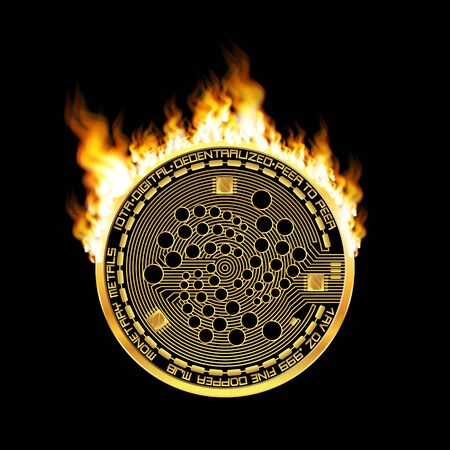 Cryptocurrency golden coin with black lacquered iota symbol on black background.のイラスト素材
