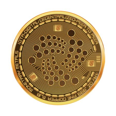 Cryptocurrency golden coin with iota symbol on obverse isolated on black background.のイラスト素材