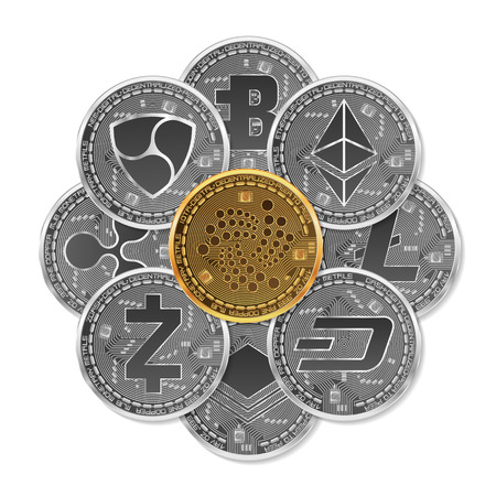 Set of gold and silver cryptocurrencies with golden iota in front of other cryptocurrencies on white background.のイラスト素材