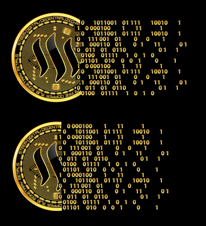 Set of crypto currency golden coins with black lacquered steem symbol on obverse isolated on black background. Vector illustration.のイラスト素材