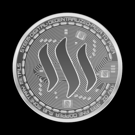 A Crypt currency silver coin with silver stem symbol on obverse isolated on black background.のイラスト素材