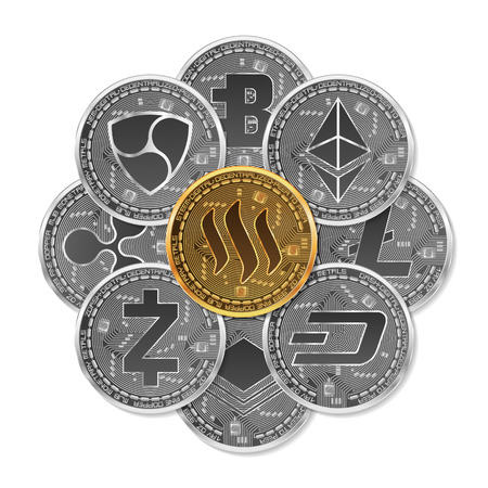 Set of gold and silver crypto currencies with golden steem in front of other crypto currencies as leader isolated on white background. Vector illustration.のイラスト素材