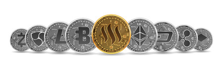 Set of gold and silver crypto currencies with golden steem in front of other crypto currencies as leader isolated on white background. Vector illustration.のイラスト素材