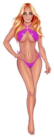 Beautiful sexy young women in purple bikini isolated on white background. Beach summer lady with with perfect fitness body. Use for icon, print products, web decor or other design.のイラスト素材
