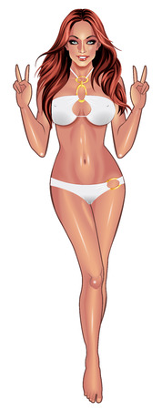 Beautiful sexy young women in white bikini isolated on white background. Beach summer lady with with perfect fitness body. Use for logos, print products, web decor or other design. Vector.のイラスト素材