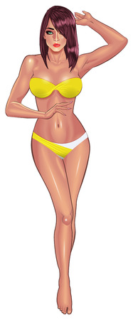 Beautiful sexy young women in yellow bikini isolated on white background. Beach summer lady with with perfect fitness body. Use for logos, print products, web decor or other design. Vector.のイラスト素材