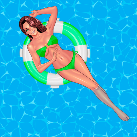 Beautiful sexy young women in green bikini swimming on inflatable ring.のイラスト素材