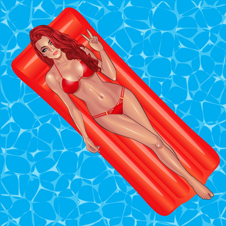 Beautiful sexy young women in red bikini swimming on inflattable mattress. Beach summer lady with with perfect fitness body. Use for logos, print products, web decor or other design. Vector.のイラスト素材