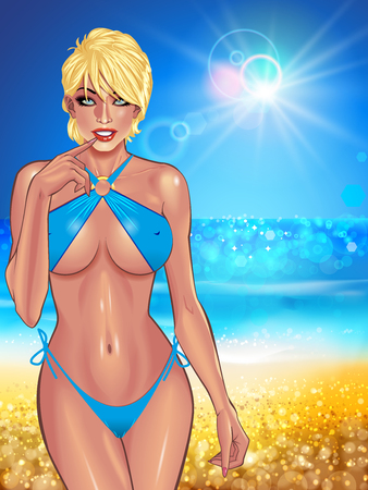 Beautiful  young women in blue bikini on tropical ocean beach background. Beach summer lady with with perfect fitness body. Use for logos, print products, web decor or other design. Vector.のイラスト素材