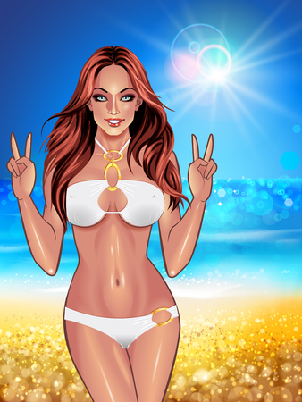 Beautiful  young women in white bikini on tropical ocean beach background. Beach summer lady with with perfect fitness body. Use for logos, print products, web decor or other design. Vector.のイラスト素材
