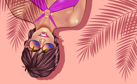 Beautiful sexy young women in purple bikini on tropical ocean beach background surrounded with palm trees shadows. Beach summer lady with with perfect fitness body.のイラスト素材