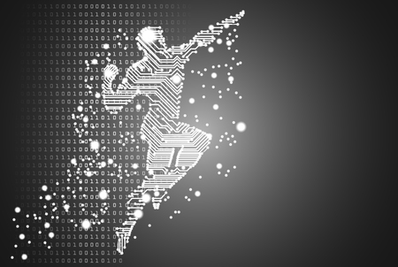 Big data and artificial intelligence concept. Machine learning and cyber mind domination concept in form of men flying figure outline with circuit board and binary data flow on silver background.のイラスト素材