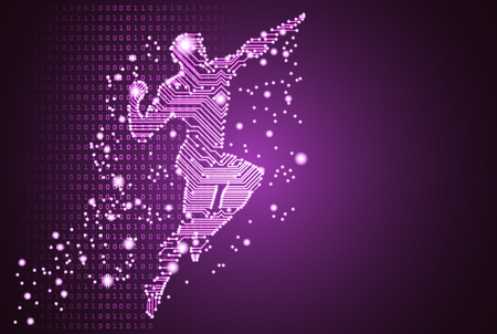 Big data and artificial intelligence concept. Machine learning and cyber mind domination concept in form of men flying figure outline with circuit board and binary data flow on purple background.のイラスト素材