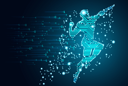 Big data and artificial intelligence concept. Machine learning and cyber mind domination concept in form of men flying figure outline with circuit board and binary data flow on blue background.のイラスト素材