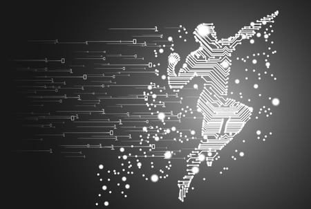 Big data and artificial intelligence concept. Machine learning and cyber mind domination concept in form of men flying figure outline with circuit board and binary data flow on silver background.のイラスト素材