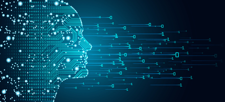 Big data and artificial intelligence concept. Machine learning and cyber mind domination concept in form of men face outline outline with circuit board and binary data flow on blue background.のイラスト素材