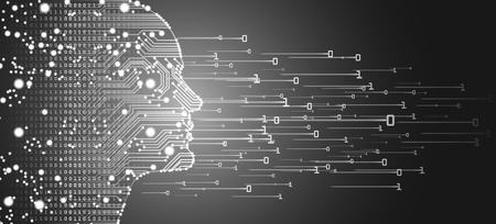 Big data and artificial intelligence concept. Machine learning and cyber mind domination concept in form of men face outline outline with circuit board and binary data flow on silver background.のイラスト素材