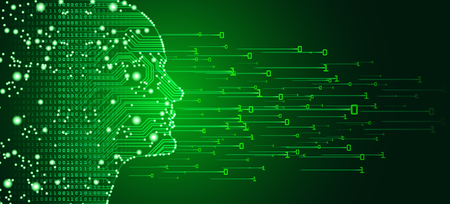 Big data and artificial intelligence concept. Machine learning and cyber mind domination concept in form of men face outline outline with circuit board and binary data flow on blue background.のイラスト素材