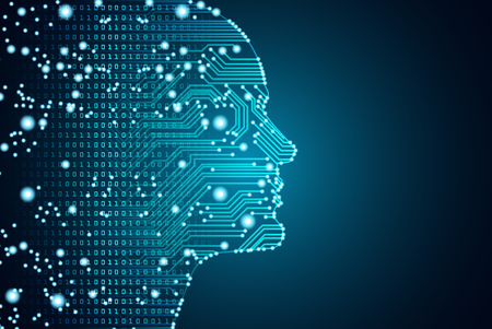 Big data and artificial intelligence concept. Machine learning and cyber mind domination concept in form of men face outline outline with circuit board and binary data flow on blue background.のイラスト素材