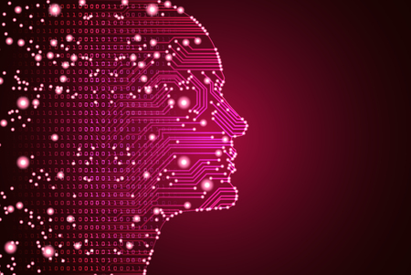 Big data and artificial intelligence concept. Machine learning and cyber mind domination concept in form of men face outline outline with circuit board and binary data flow on red background.のイラスト素材