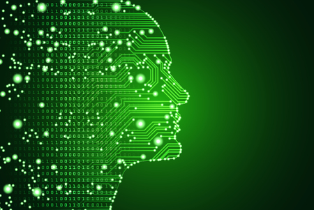 Big data and artificial intelligence concept. Machine learning and cyber mind domination concept in form of men face outline outline with circuit board and binary data flow on green background.のイラスト素材