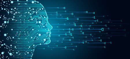 Big data and artificial intelligence concept. Machine learning and cyber mind domination concept in form of women face outline outline with circuit board and binary data flow on blue background.のイラスト素材