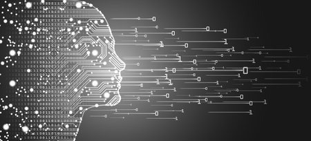 Big data and artificial intelligence concept. Machine learning and cyber mind domination concept in form of women face outline outline with circuit board and binary data flow on silver background.のイラスト素材
