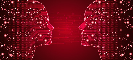Big data, artificial intelligence, machine learning in online dating in form of women and men face outline outline with circuit board and binary data flow on red background.のイラスト素材