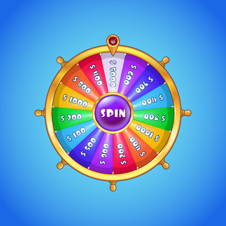 Realistic spinning wheel of fortune with rainbow colored sectors and golden case isolated on blue gradient background. Casino, gambling, fortune conceptのイラスト素材