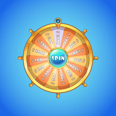 Realistic spinning wheel of fortune with yellow and orange colored sectors and golden case isolated on blue gradient background. Casino, gambling, fortune conceptのイラスト素材