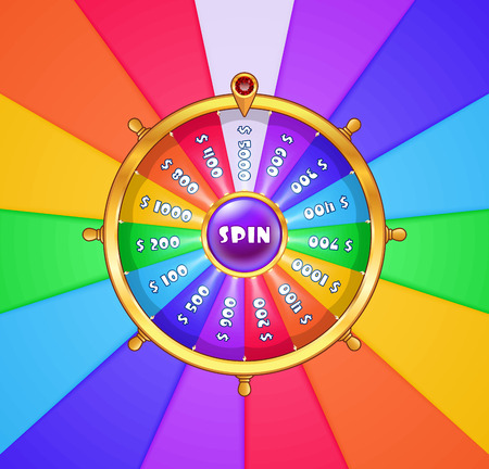 Realistic spinning wheel of fortune with rainbow colored sectors and golden case isolated on rainbow gradient background. Casino, gambling, fortune conceptのイラスト素材