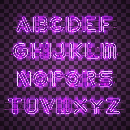Glowing Purple Neon Alphabet with letters from A to Z and digits from 0 to 9 on transparent background. Glowing neon effect. Every letter is separate unit with wires, tubes, brackets and holders.のイラスト素材