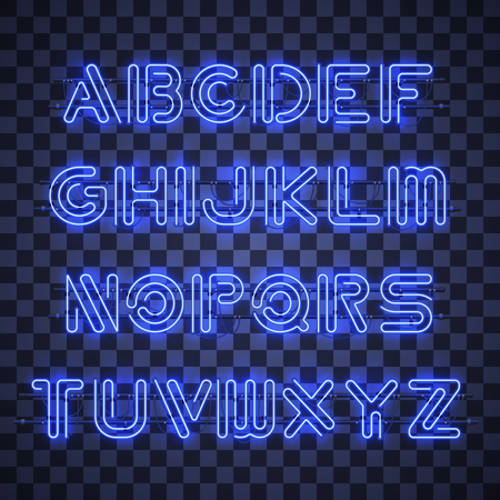 Glowing Blue Neon Alphabet with letters from A to Z and digits from 0 to 9 on transparent background. Glowing neon effect. Every letter is separate unit with wires, tubes, brackets and holders.のイラスト素材