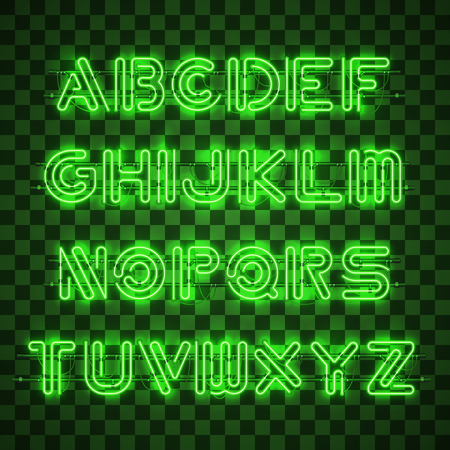 Glowing Green Neon Alphabet with letters from A to Z and digits from 0 to 9 on transparent background. Glowing neon effect. Every letter is separate unit with wires, tubes, brackets and holders.のイラスト素材