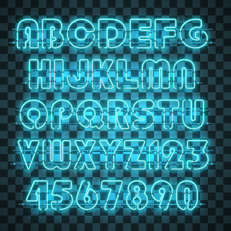 Glowing blue neon alphabet with letters from A to Z and digits from 0 to 9 on transparent background. Shining neon effect. Every letter is separate unit with wires, tubes, brackets and holders.のイラスト素材