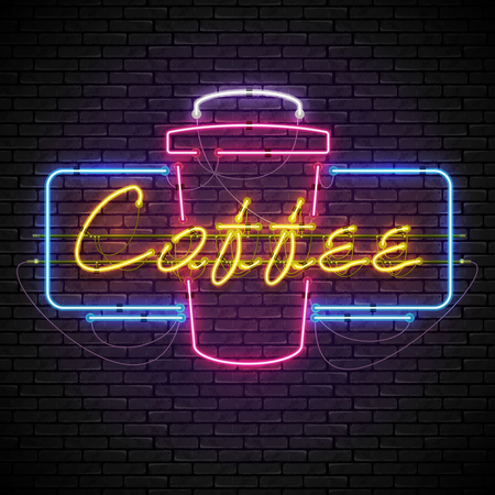 Shining and glowing yellow neon coffee sign in blue frame with red high coffee cup. Bright coffee house sign, night advertisment logo, vector illustration.のイラスト素材