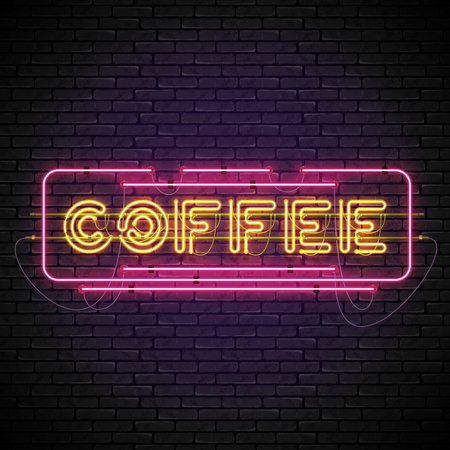 Shining and glowing yellow neon coffee sign in red frame. Bright night coffee house sign, night advertisement logo, vector illustration.のイラスト素材