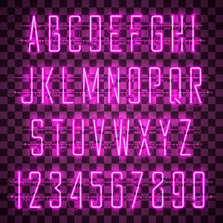 Glowing purple neon alphabet with letters from A to Z and digits from 0 to 9 on transparent background. Shining neon effect. Every letter is separate unit with wires, tubes, brackets and holders.のイラスト素材