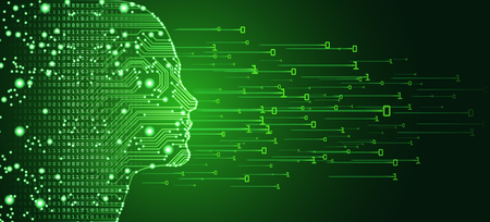 Big data and artificial intelligence concept. Machine learning and cyber mind domination concept in form of women face outline outline with circuit board and binary data flow on red background.のイラスト素材
