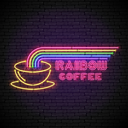 Shining and glowing rainbow neon coffee sign in with yellow coffee cup on brick wall. Bright coffee house sign, night advertisement logo, vector illustration.のイラスト素材