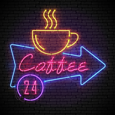 Shining and glowing red neon coffee sign in blue arrow frame with yellow coffee cup on brick wall.All day long in purple circle.Bright coffee house sign, night advertisement logo, vector illustration.のイラスト素材