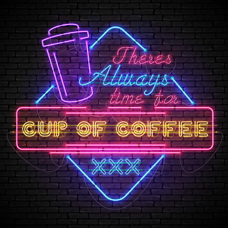 Shining and glowing red neon coffee sign in blue and red frame frame with puprle coffee cup on brick wall. Bright coffee house sign, night advertisement logo, vector illustration.のイラスト素材