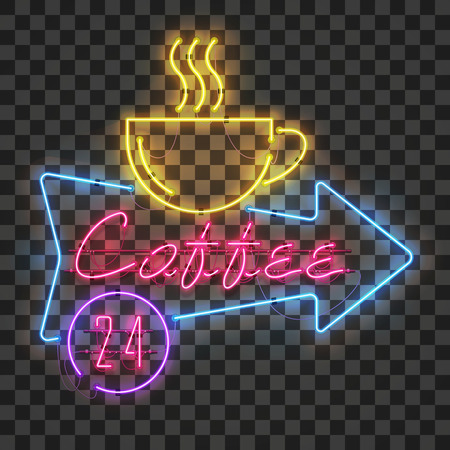 Shining and glowing red neon coffee sign in blue arrow frame with yellow coffee cup on transparent background. All day long in purple circle.Bright coffee house sign, night advertisement logo, vector.のイラスト素材