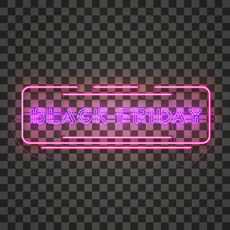 Shining and glowing realistic BLACK FRIDAY purple neon sign in red frame isolated on transparent background. Bright neon sign, night advertisement logo, vector illustration.のイラスト素材