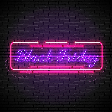 Shining and glowing realistic BLACK FRIDAY purple neon sign in red frame isolated on brick wall background. Bright neon sign, night advertisement logo, vector illustration.のイラスト素材