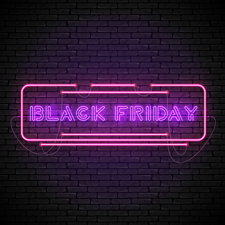 Shining and glowing realistic BLACK FRIDAY purple neon sign in red frame isolated on brick wall background. Bright neon sign, night advertisement logo, vector illustration.のイラスト素材