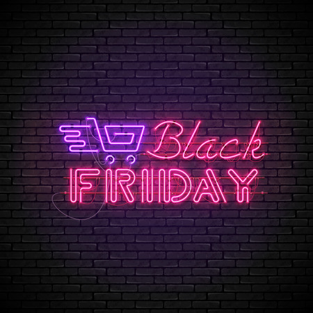 Shining and glowing realistic BLACK FRIDAY red neon sign with purple shopping cart isolated on brick wall background. Bright neon sign, night advertisement logo, vector illustration.のイラスト素材